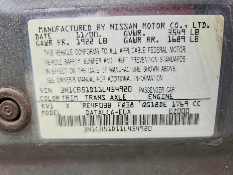 Продаж на аукціоні авто 2001 Nissan Sentra, vin: 3N1CB51D11L454920, номер лоту: 41706286