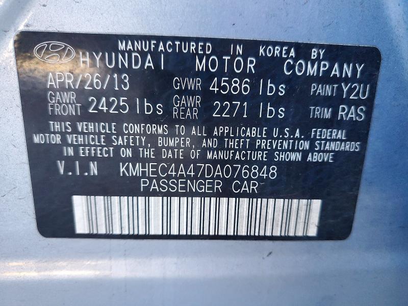 2013 Hyundai Sonata Hybrid მანქანა იყიდება აუქციონზე, vin: KMHEC4A47DA076848, აუქციონის ნომერი: 45458356