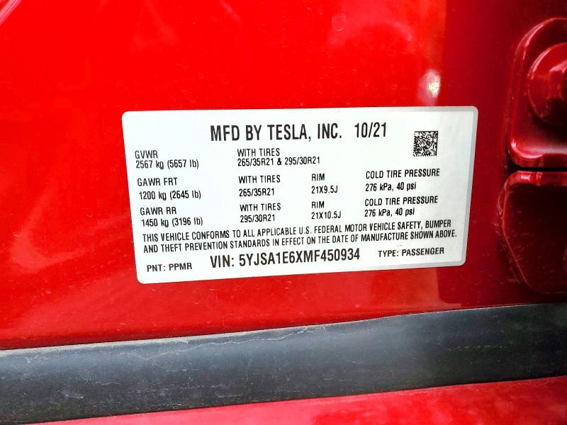 Продаж на аукціоні авто 2021 Tesla Model S, vin: 5YJSA1E6XMF450934, номер лоту: 45694356
