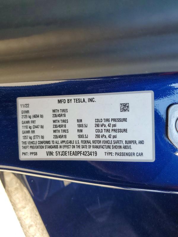 Auction sale of the 2023 Tesla Model 3, vin: 5YJ3E1EA0PF423419, lot number: 79284095