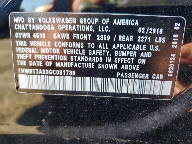 Продажа на аукционе авто 2016 Volkswagen Passat, vin: 1VWBT7A33GC031735, номер лота: 41991036