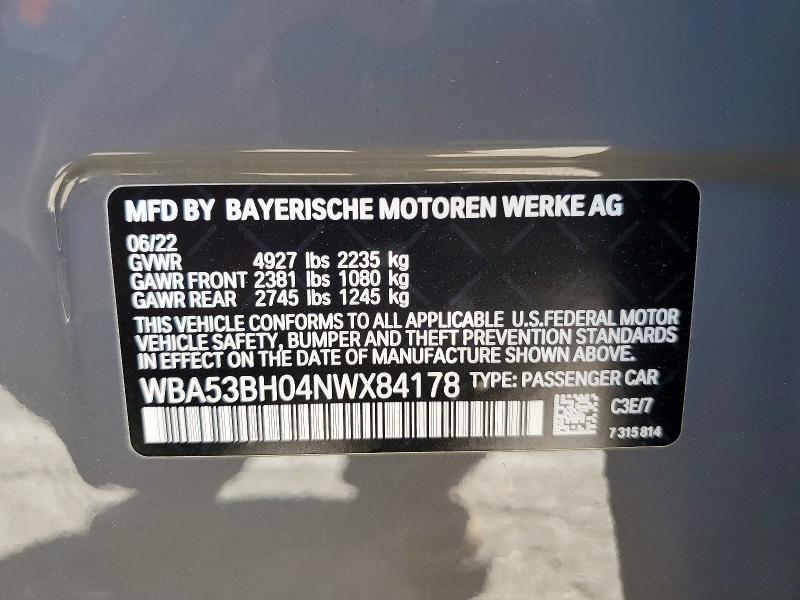 45824386 :رقم المزاد ، WBA53BH04NWX84178 vin ، 2022 Bmw 530 مزاد بيع