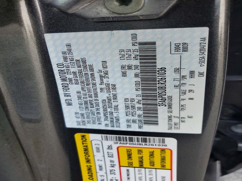 41663746 :رقم المزاد ، 3FA6P0SU8LR261036 vin ، 2020 Ford Fusion مزاد بيع