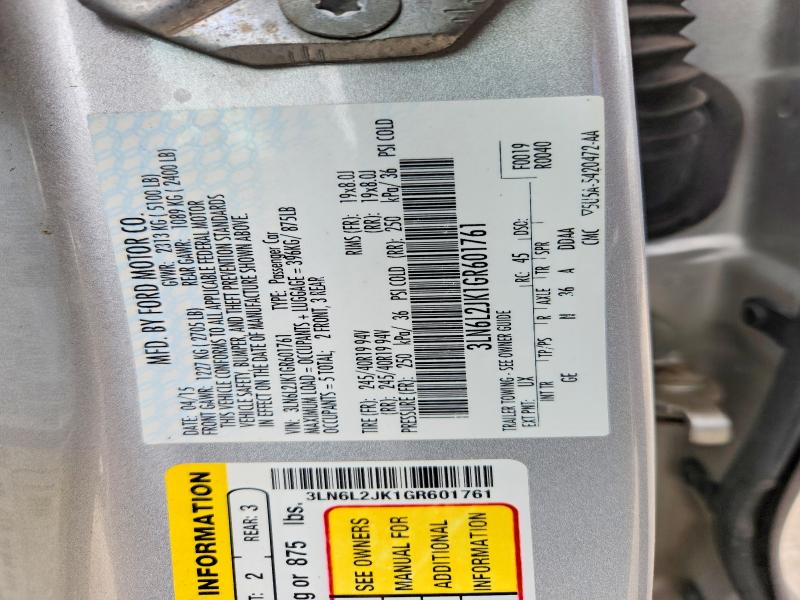 47571136 :رقم المزاد ، 3LN6L2JK1GR601761 vin ، 2016 Lincoln Townhouse Mkz مزاد بيع