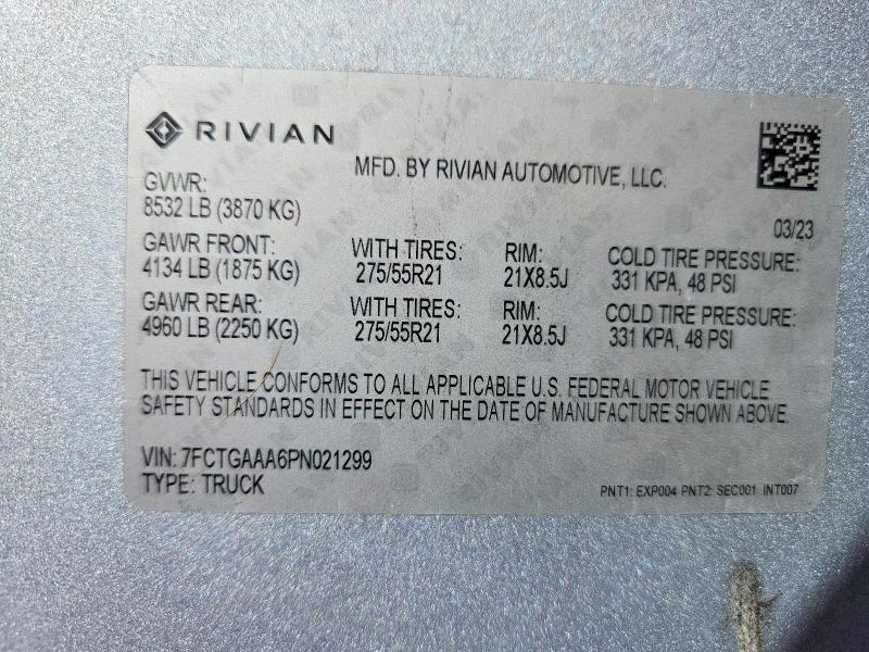 Aukcja sprzedaży 2023 Rivian R1t, vin: 7FCTGAAA6PN021299, numer aukcji: 46440956