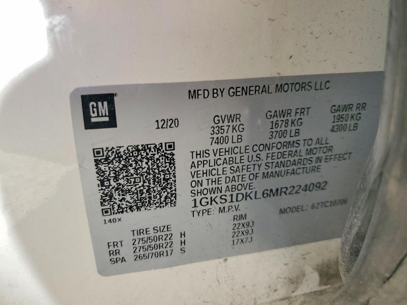 2021 Gmc Yukon მანქანა იყიდება აუქციონზე, vin: 1GKS1DKL6MR224092, აუქციონის ნომერი: 46047126