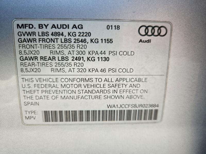 46514406 :رقم المزاد ، WA1JCCFS8JR023684 vin ، 2018 Audi Q3 مزاد بيع