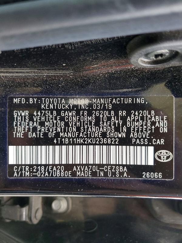 Продажа на аукционе авто 2019 Toyota Camry, vin: 4T1B11HK2KU236822, номер лота: 75877775