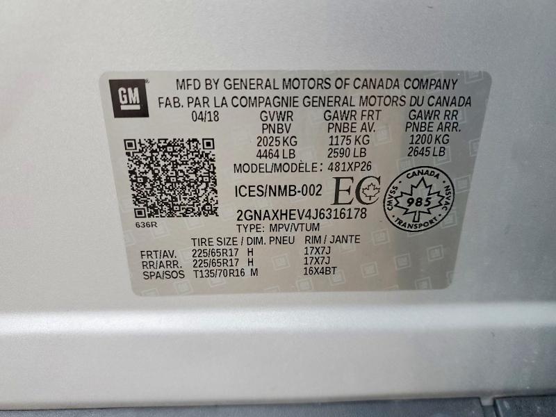 Aukcja sprzedaży 2018 Chevrolet Equinox, vin: 2GNAXHEV4J6316178, numer aukcji: 77898125