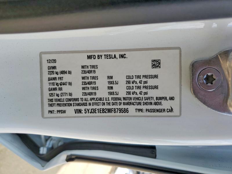 47206386 :رقم المزاد ، 5YJ3E1EB2MF879586 vin ، 2021 Tesla Model 3 مزاد بيع
