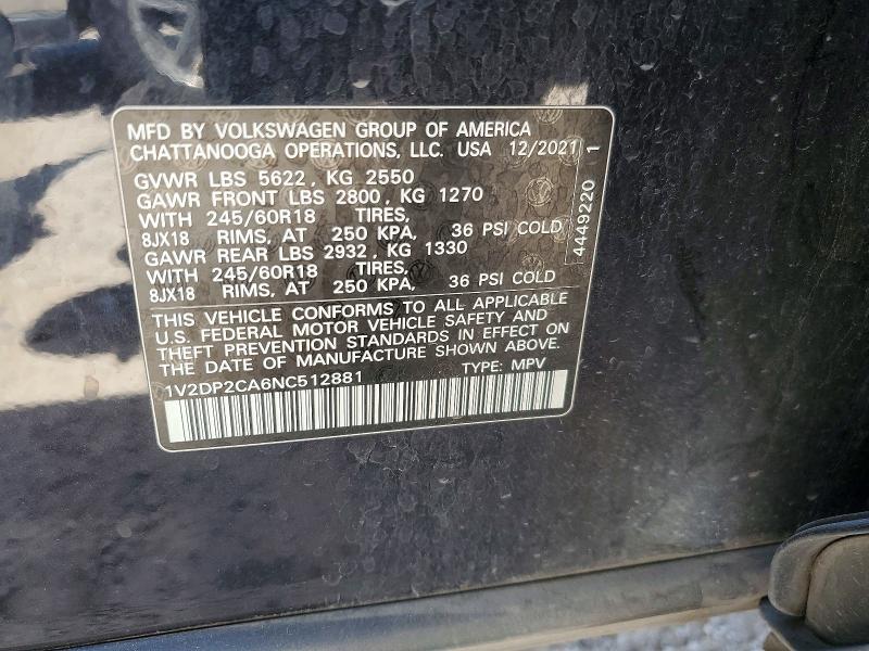 2022 Volkswagen Atlas მანქანა იყიდება აუქციონზე, vin: 1V2DP2CA6NC512881, აუქციონის ნომერი: 79471545