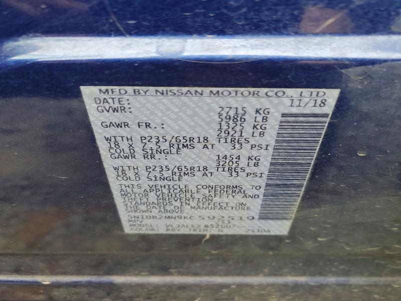 Продаж на аукціоні авто 2019 Nissan Pathfinder, vin: 5N1DR2MN9KC592519, номер лоту: 79650735