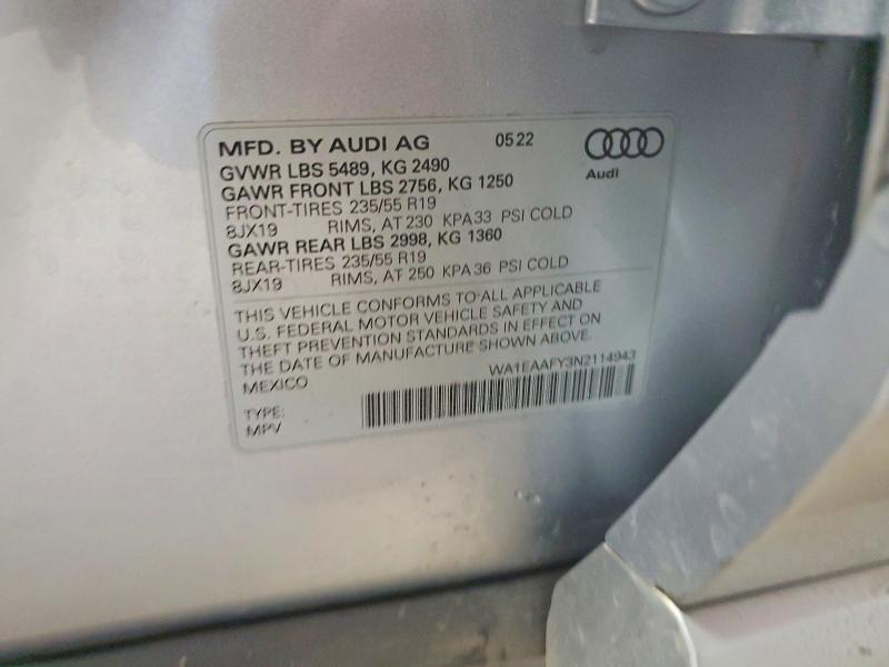 Aukcja sprzedaży 2022 Audi Q5, vin: WA1EAAFY3N2114943, numer aukcji: 47430976
