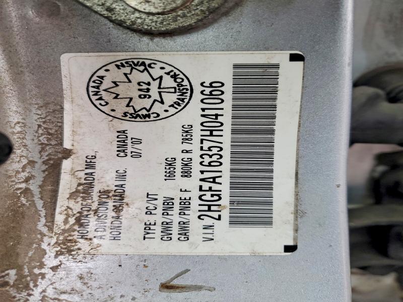 46202186 :رقم المزاد ، 2HGFA16357H041066 vin ، 2007 Honda Civic مزاد بيع