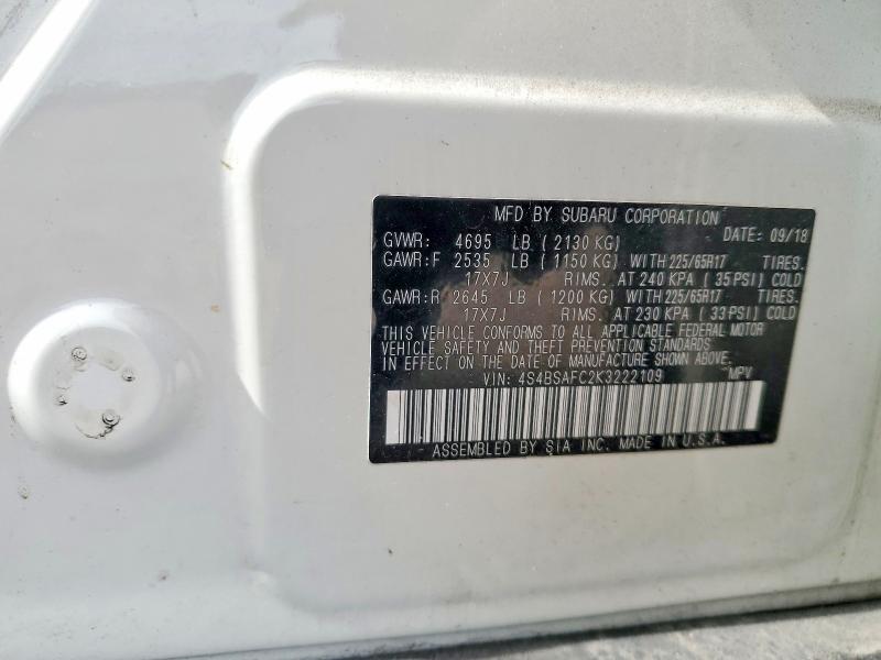 2019 Subaru Outback მანქანა იყიდება აუქციონზე, vin: 4S4BSAFC2K3222109, აუქციონის ნომერი: 46388906