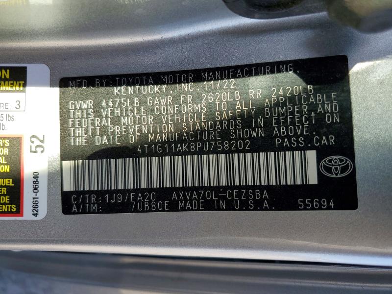 2023 Toyota Camry მანქანა იყიდება აუქციონზე, vin: 4T1G11AK8PU758202, აუქციონის ნომერი: 47113946