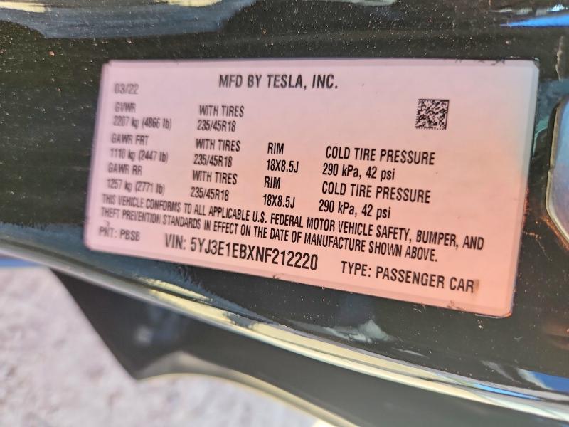 Продажа на аукционе авто 2022 Tesla Model 3, vin: 5YJ3E1EBXNF212220, номер лота: 79347795