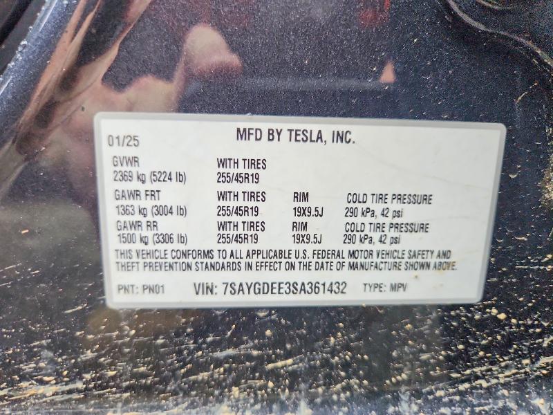 41786896 :رقم المزاد ، 7SAYGDEE3SA361432 vin ، 2025 Tesla Model Y مزاد بيع