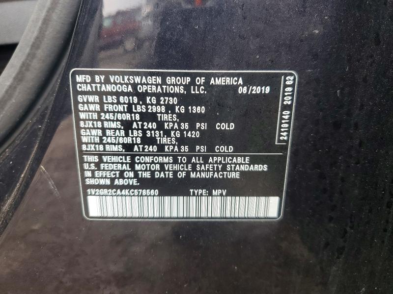 79763495 :رقم المزاد ، 1V2GR2CA4KC578560 vin ، 2019 Volkswagen Atlas مزاد بيع