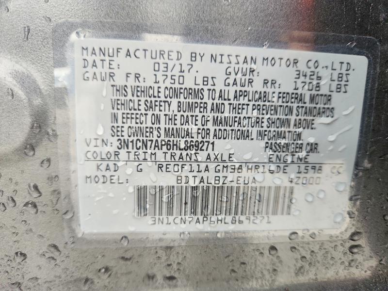 Aukcja sprzedaży 2017 Nissan Versa, vin: 3N1CN7AP6HL869271, numer aukcji: 41702396