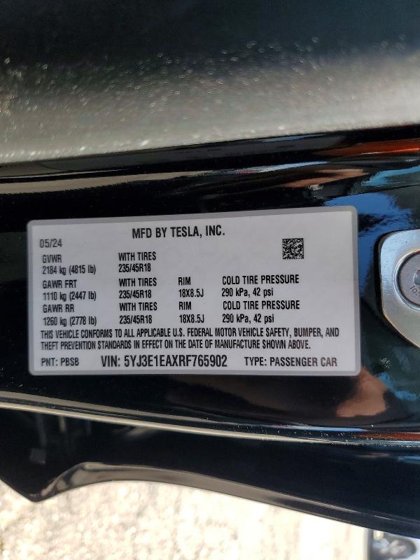 47625466 :رقم المزاد ، 5YJ3E1EAXRF765902 vin ، 2024 Tesla Model 3 مزاد بيع