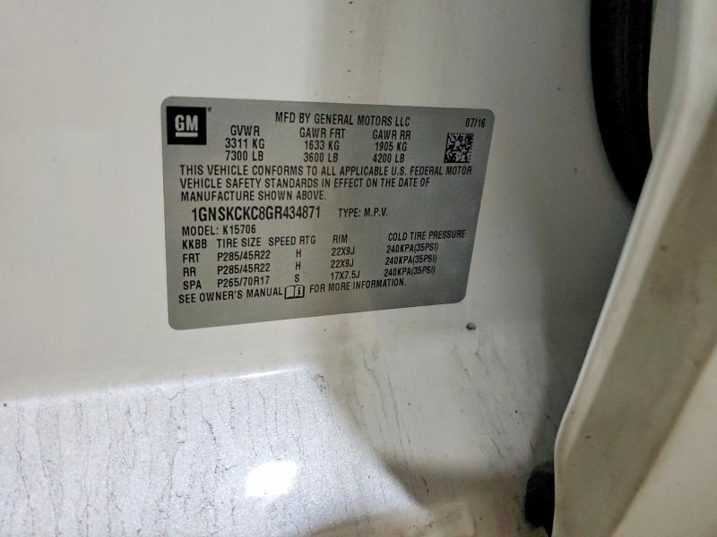 2016 Chevrolet Tahoe მანქანა იყიდება აუქციონზე, vin: 1GNSKCKC8GR434871, აუქციონის ნომერი: 47562106