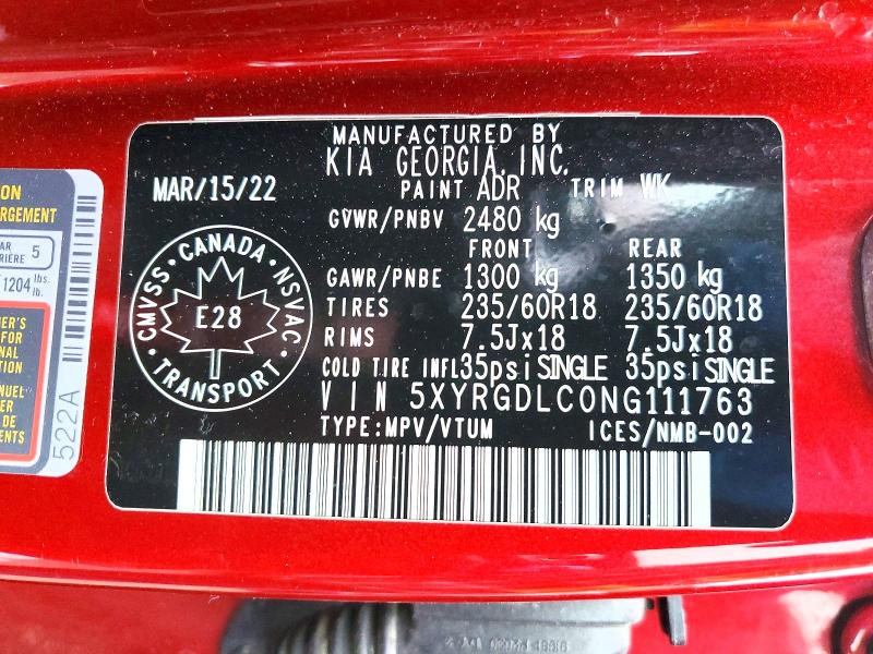 2022 Kia Sorento მანქანა იყიდება აუქციონზე, vin: 5XYRGDLC0NG111763, აუქციონის ნომერი: 79211145