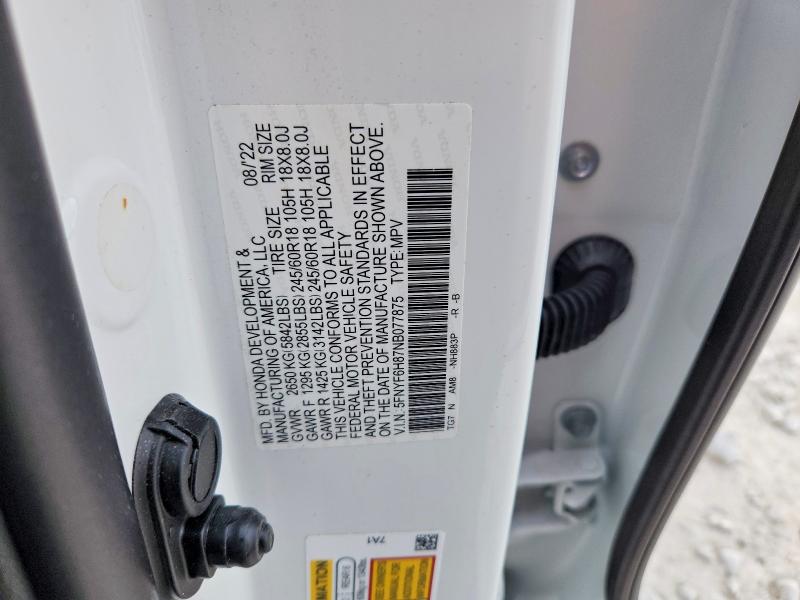 47256676 :رقم المزاد ، 5FNYF6H87NB077875 vin ، 2022 Honda Pilot مزاد بيع