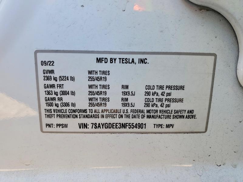 79909255 :رقم المزاد ، 7SAYGDEE3NF554901 vin ، 2022 Tesla Model Y مزاد بيع