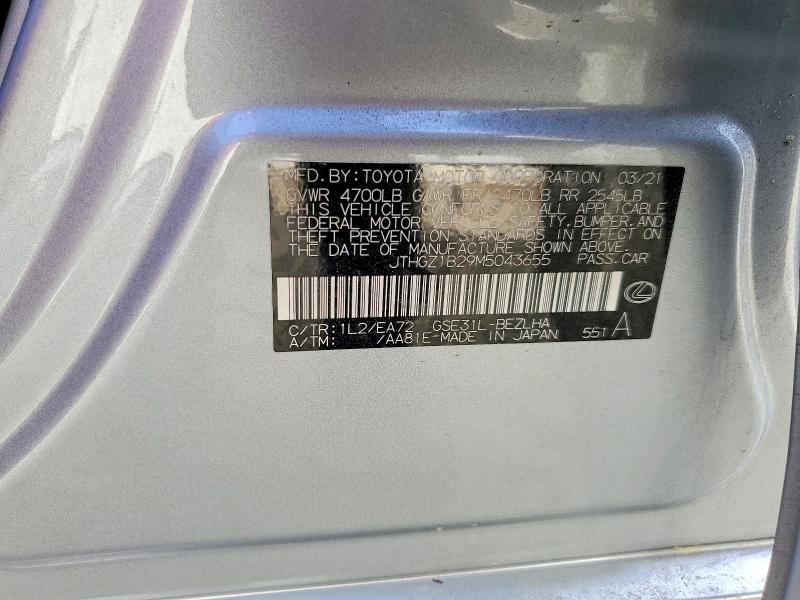 47958406 :رقم المزاد ، JTHGZ1B29M5043655 vin ، 2021 Lexus Is 350 مزاد بيع