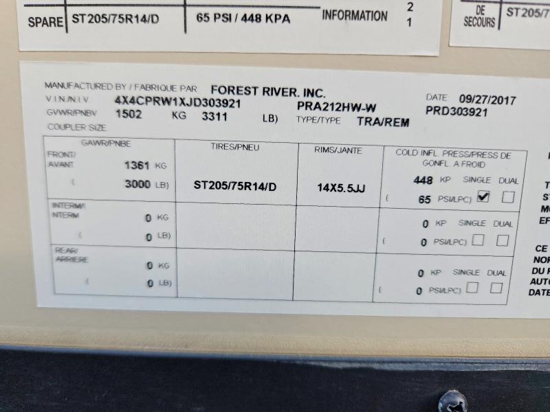 2018 Forest River Premier მანქანა იყიდება აუქციონზე, vin: 4X4CPRW1XJD303921, აუქციონის ნომერი: 79266165