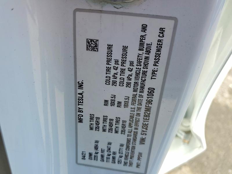 Продажа на аукционе авто 2021 Tesla Model 3, vin: 5YJ3E1EB2MF961060, номер лота: 41749596