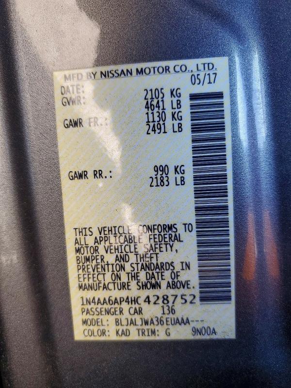 45805096 :رقم المزاد ، 1N4AA6AP4HC428752 vin ، 2017 Nissan Maxima مزاد بيع