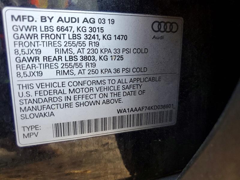 Продаж на аукціоні авто 2019 Audi Q7, vin: WA1AAAF74KD036601, номер лоту: 47366956