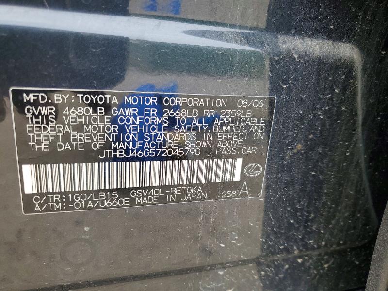 2007 Lexus Es 350 მანქანა იყიდება აუქციონზე, vin: JTHBJ46G572045790, აუქციონის ნომერი: 46678886