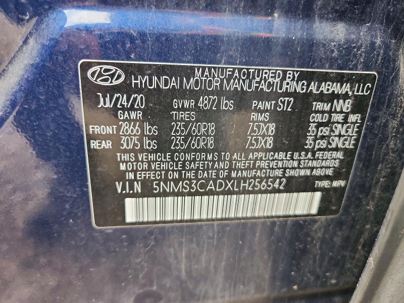 2020 Hyundai Santa Fe მანქანა იყიდება აუქციონზე, vin: 5NMS3CADXLH256542, აუქციონის ნომერი: 41610456