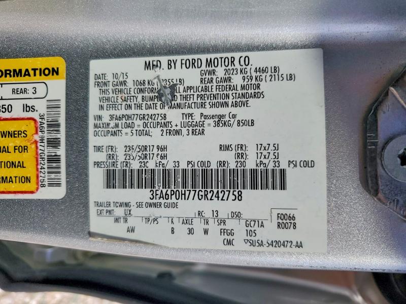 Продажа на аукционе авто 2016 Ford Fusion, vin: 3FA6P0H77GR242758, номер лота: 46756056
