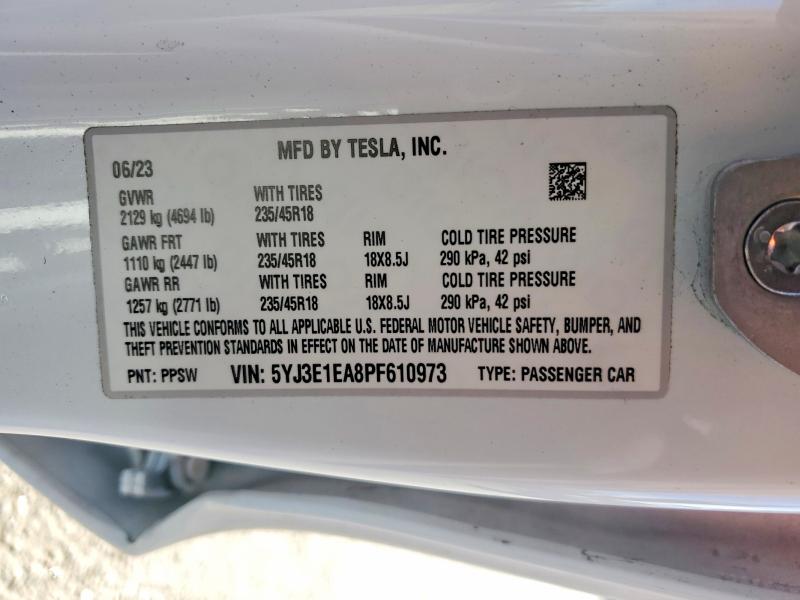 Auction sale of the 2023 Tesla Model 3, vin: 5YJ3E1EA8PF610973, lot number: 79456595