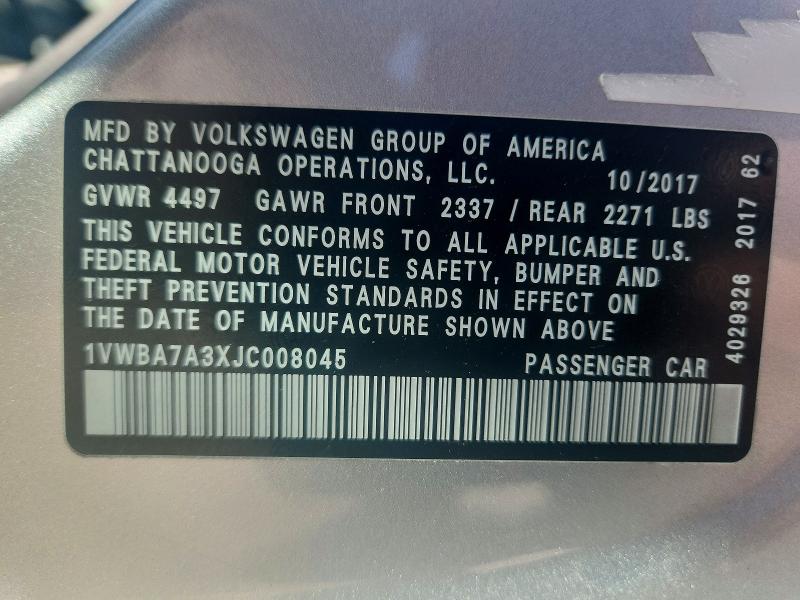 41945706 :رقم المزاد ، 1VWBA7A3XJC008045 vin ، 2018 Volkswagen Passat مزاد بيع
