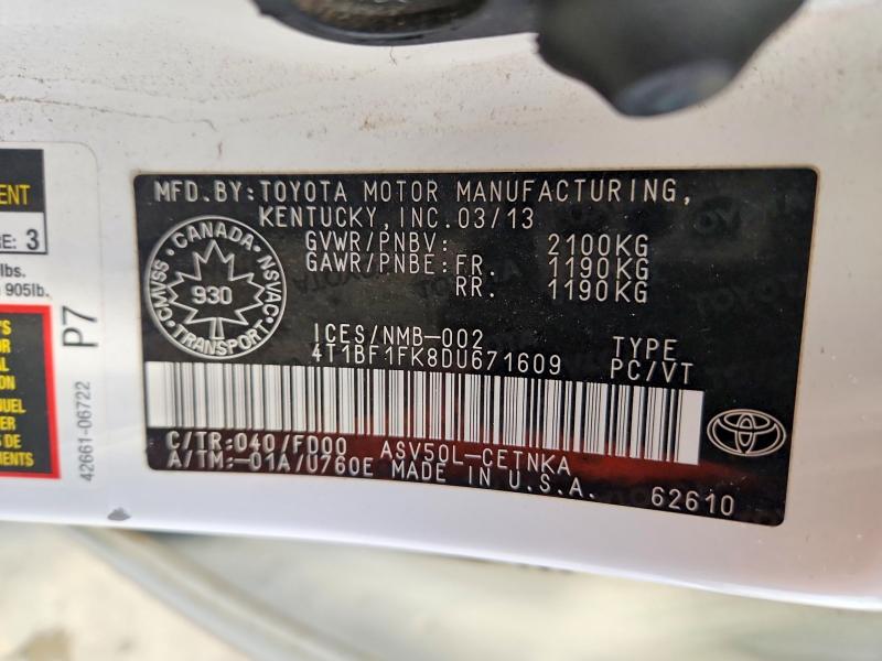 46521746 :رقم المزاد ، 4T1BF1FK8DU671609 vin ، 2013 Toyota Camry Le 4dr مزاد بيع