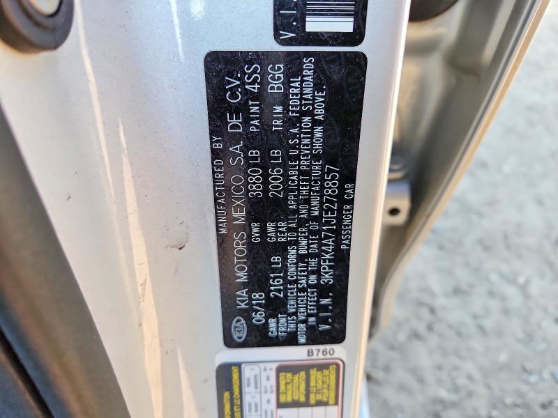 47123096 :رقم المزاد ، 3KPFK4A71JE278857 vin ، 2018 Kia Forte مزاد بيع