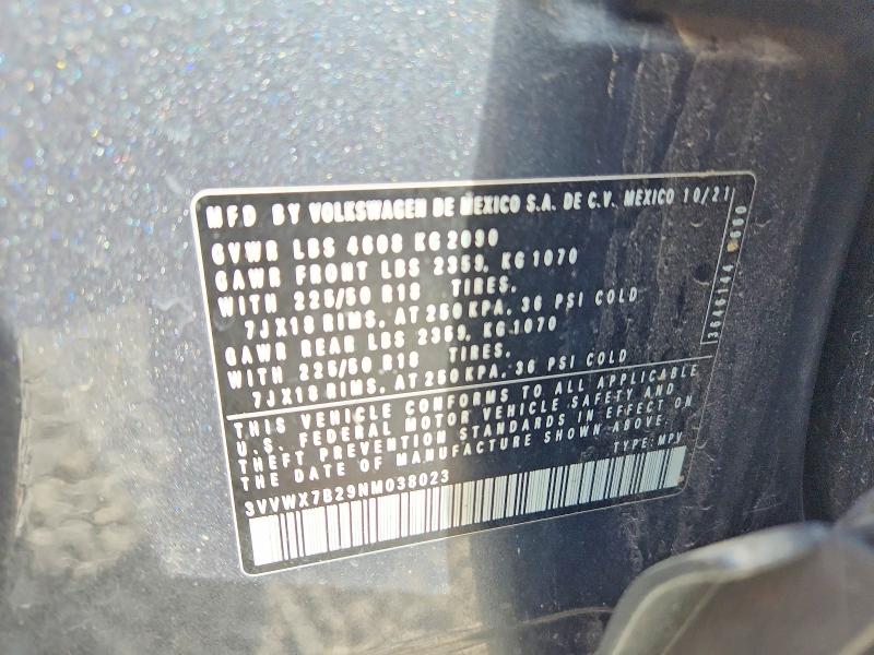46023856 :رقم المزاد ، 3VVWX7B29NM038023 vin ، 2022 Volkswagen Taos مزاد بيع