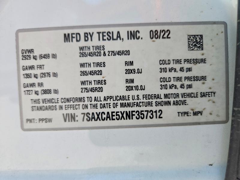 Продаж на аукціоні авто 2022 Tesla Model X, vin: 7SAXCAE5XNF357312, номер лоту: 46725276