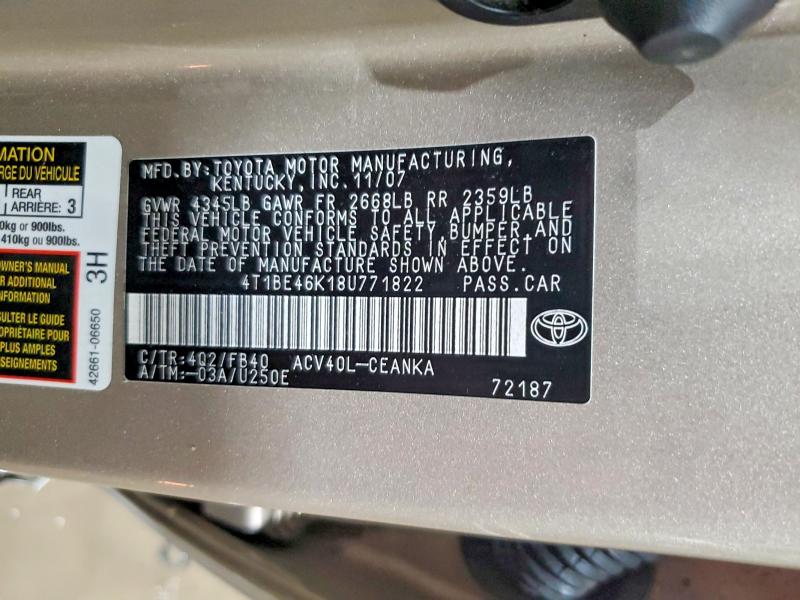 Продаж на аукціоні авто 2008 Toyota Camry, vin: 4T1BE46K18U771822, номер лоту: 79984425