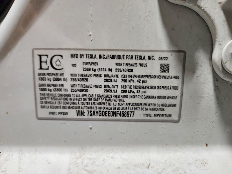 2022 Tesla Model Y მანქანა იყიდება აუქციონზე, vin: 7SAYGDEE0NF468977, აუქციონის ნომერი: 46263126