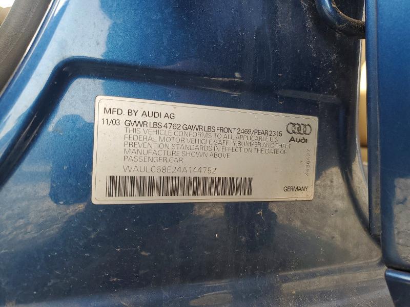 Aukcja sprzedaży 2004 Audi A4, vin: WAULC68E24A144752, numer aukcji: 47003816