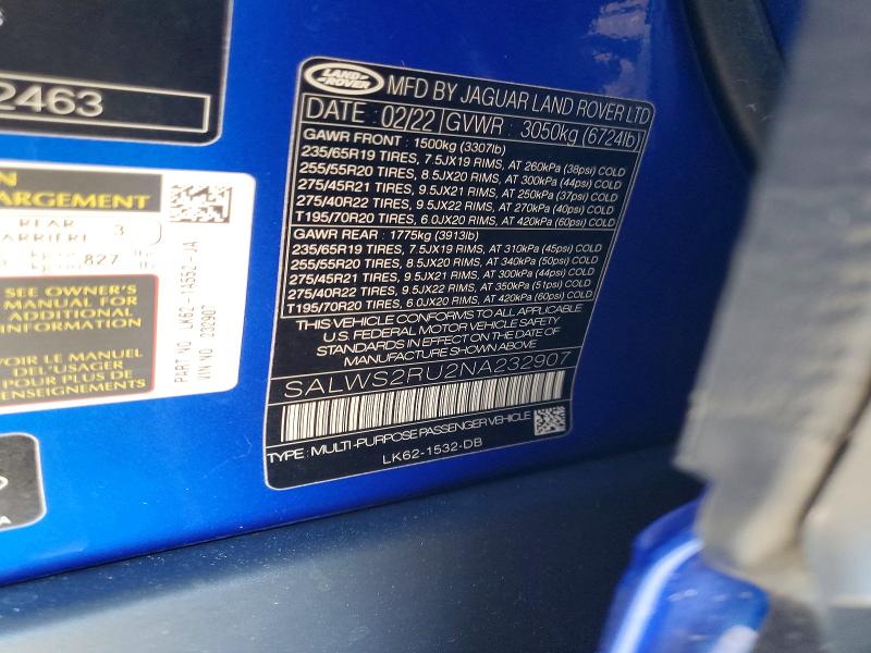 Продажа на аукционе авто 2022 Land Rover Range Rover Sport, vin: SALWS2RU2NA232907, номер лота: 46861006