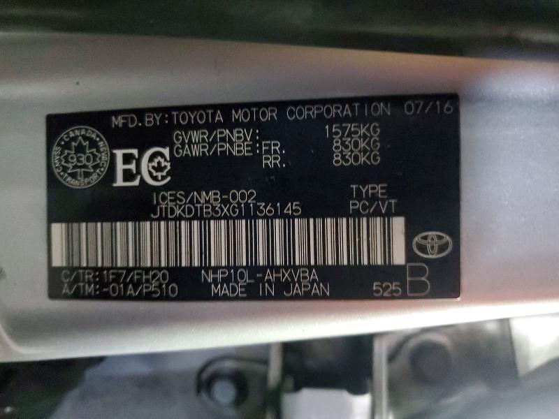 Aukcja sprzedaży 2016 Toyota Prius C, vin: JTDKDTB3XG1136145, numer aukcji: 45456286