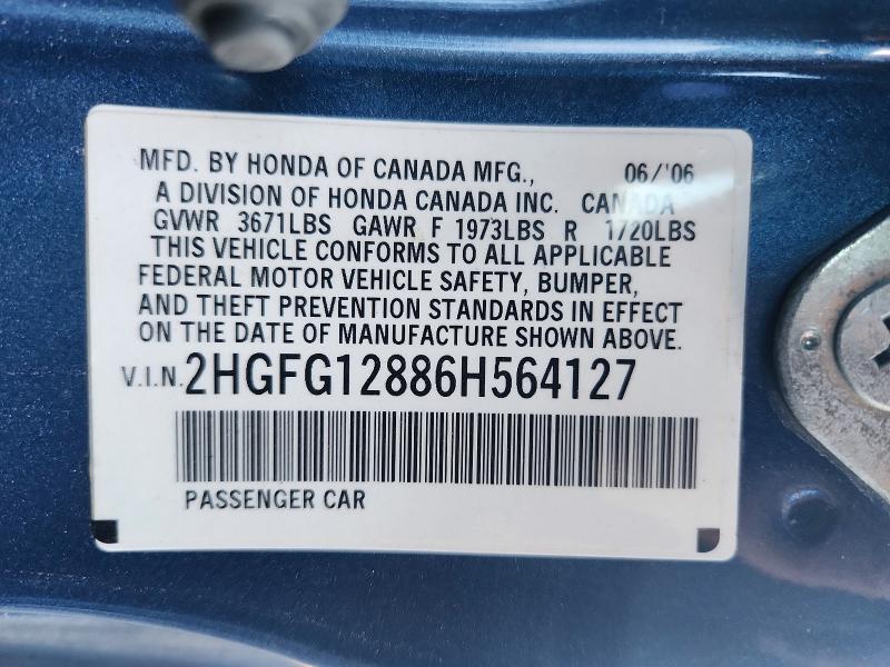 Продажа на аукционе авто 2006 Honda Civic, vin: 2HGFG12886H564127, номер лота: 41821196