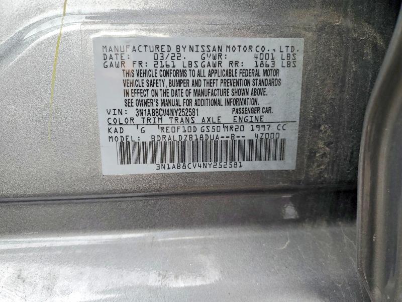 2022 Nissan Sentra მანქანა იყიდება აუქციონზე, vin: 3N1AB8CV4NY252581, აუქციონის ნომერი: 41717176